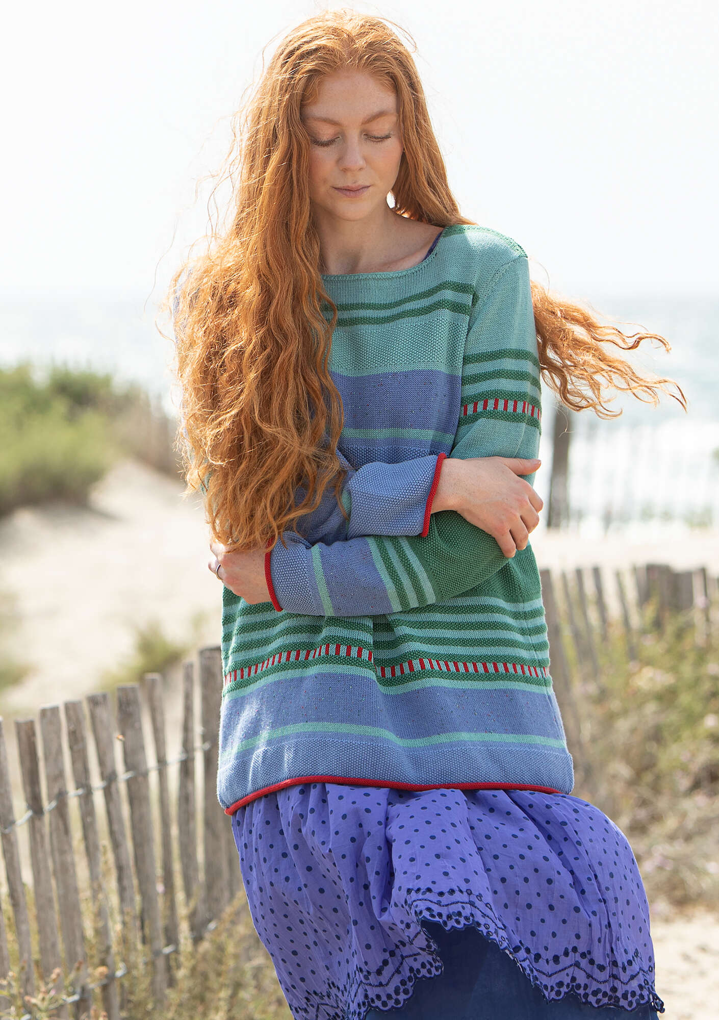 “Alfrida” sweater in recycled and organic cotton meadow stream/striped thumbnail