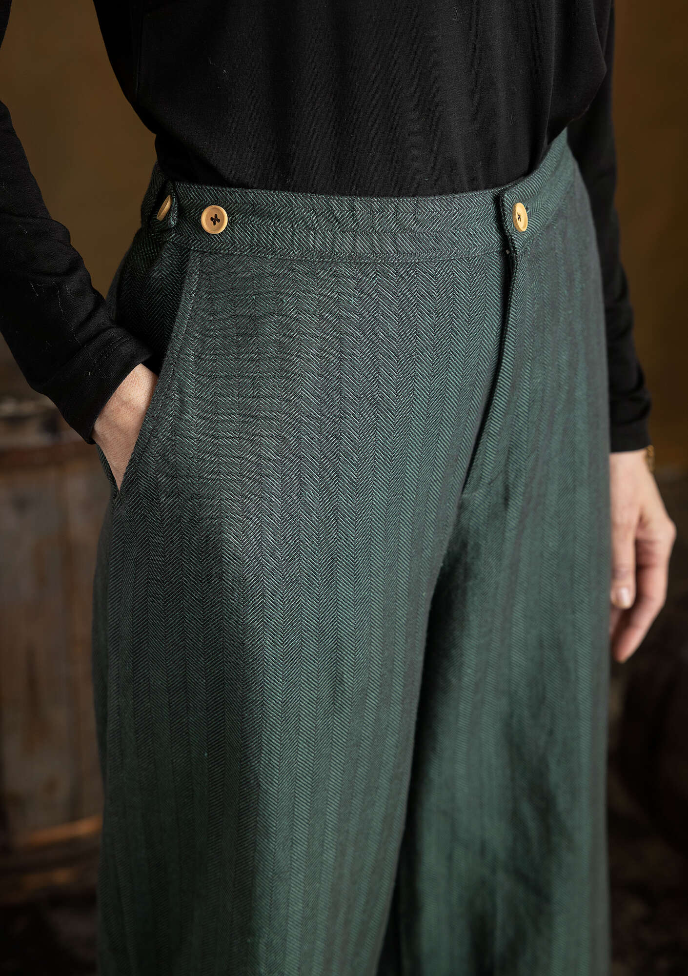 “Woodland” woven organic cotton/linen trousers opal green