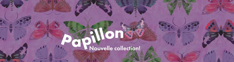 Illustration de papillons colorés sur fond violet avec le texte "Butterfly Nouvelle collection !".