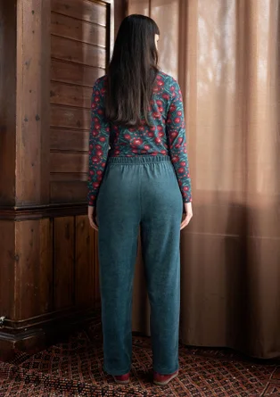 “Nora” velour pants in organic cotton/recycled polyester - indigo green
