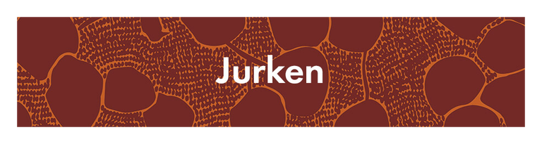 Een donkerrood dessin met de tekst 'Jurken' in het wit. 