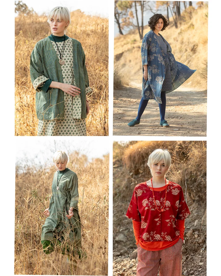 En kollage med fem billeder på række af kvinder klædt i tøj fra Gudrun Sjödéns kollektion ”Natural dyes”.