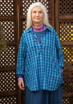 Gemusterte Hemdbluse „Lovisa“ aus Bio-Baumwolle/Leinen - klarblau