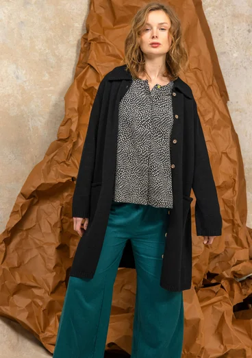 “Wilma” patterned and solid-colour long cardigan in lambswool - black