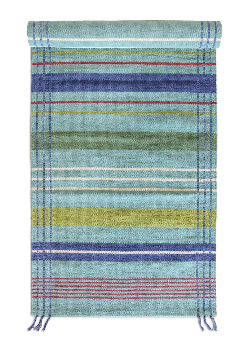 “Jaipur” organic cotton hallway mat with a striped design aquamarine