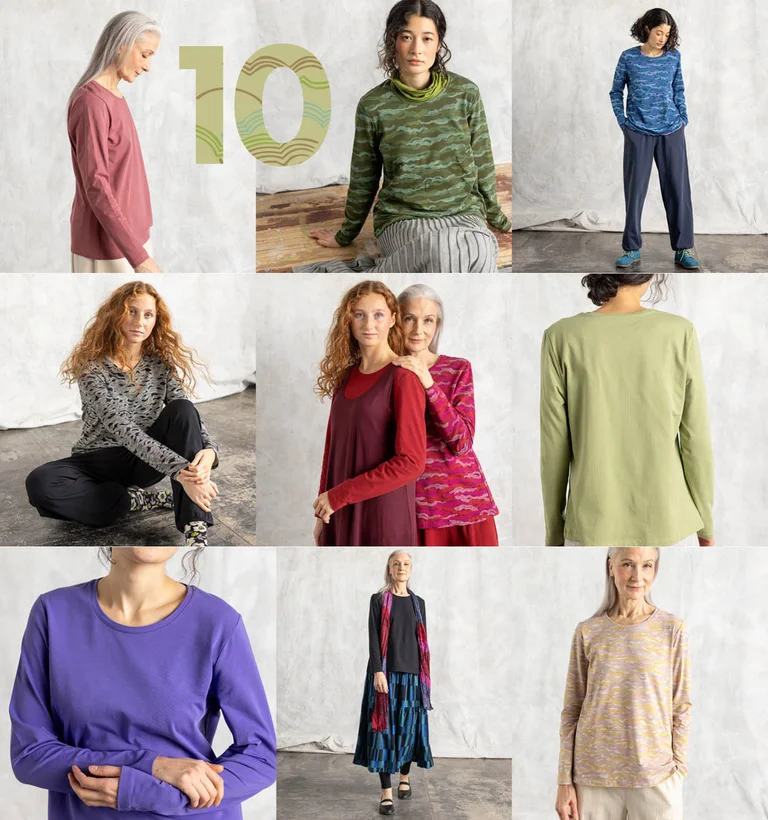 A collage of women wearing colourful and patterned tops from Gudrun Sjödén. 