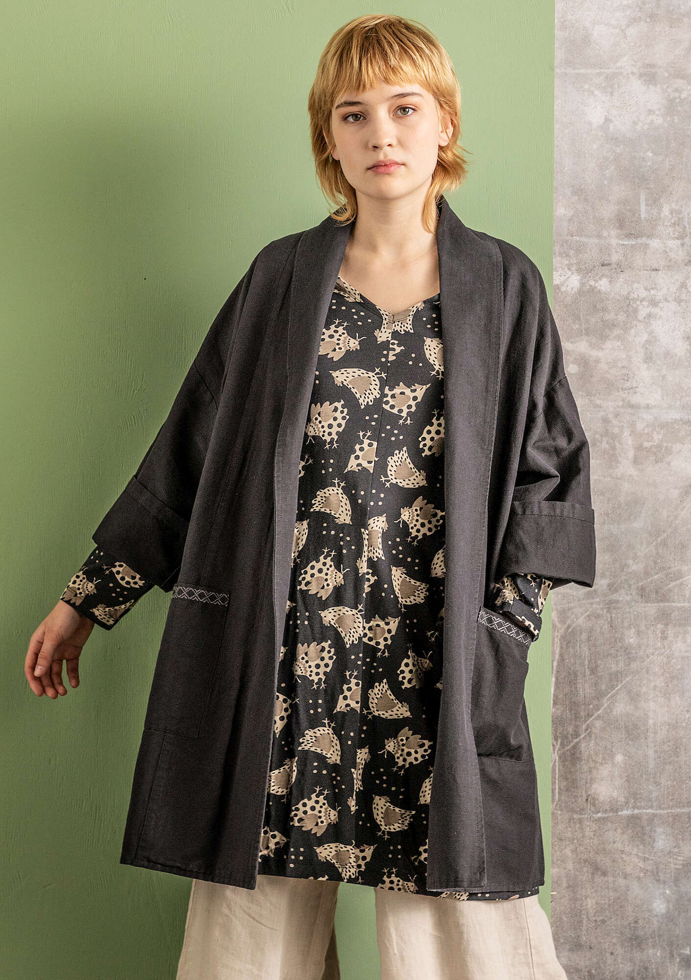 Veste kimono en coton biologique/lin noir thumbnail