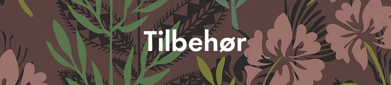 Et brunt, rosa og grønt mønster med teksten «Tilbehør» i hvitt. 