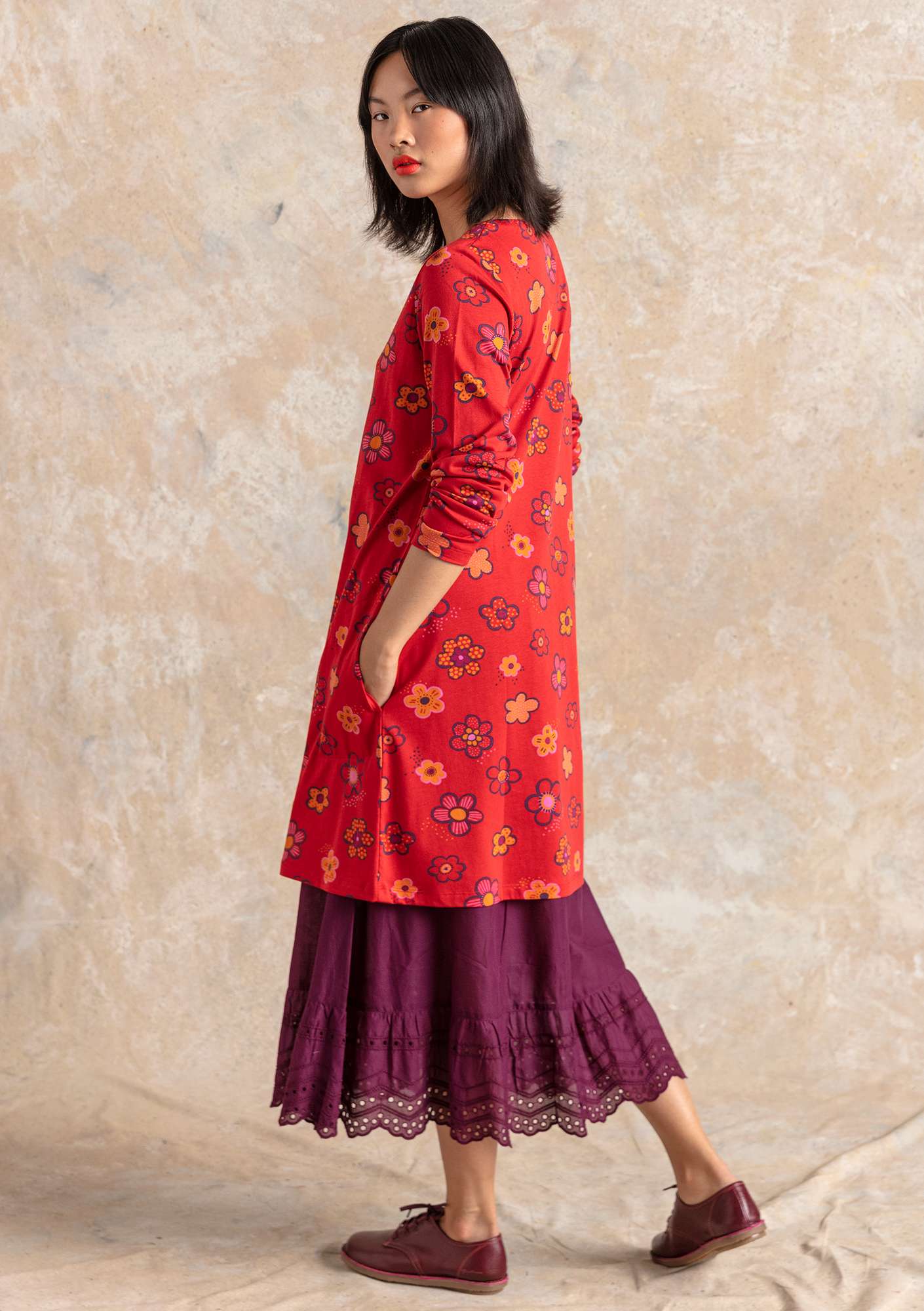 “Aria” jersey tunic in organic cotton/modal parrot red/patterned thumbnail
