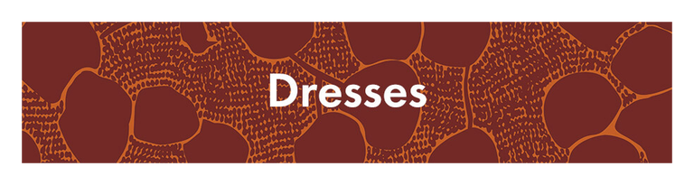 A dark red pattern with the word “Dresses” in white.