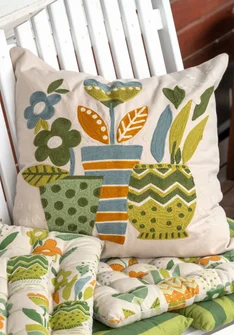 “Flower Pots” embroidered cushion cover in organic cotton - leaf green