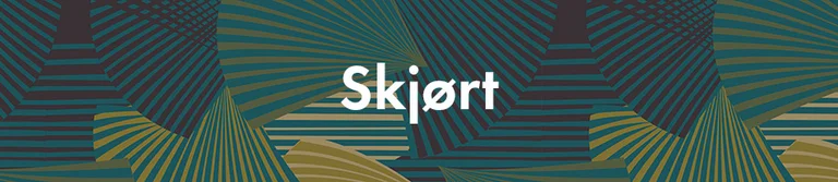 Et blått, grønt og gult mønster med teksten «Skjørt» i hvitt. 