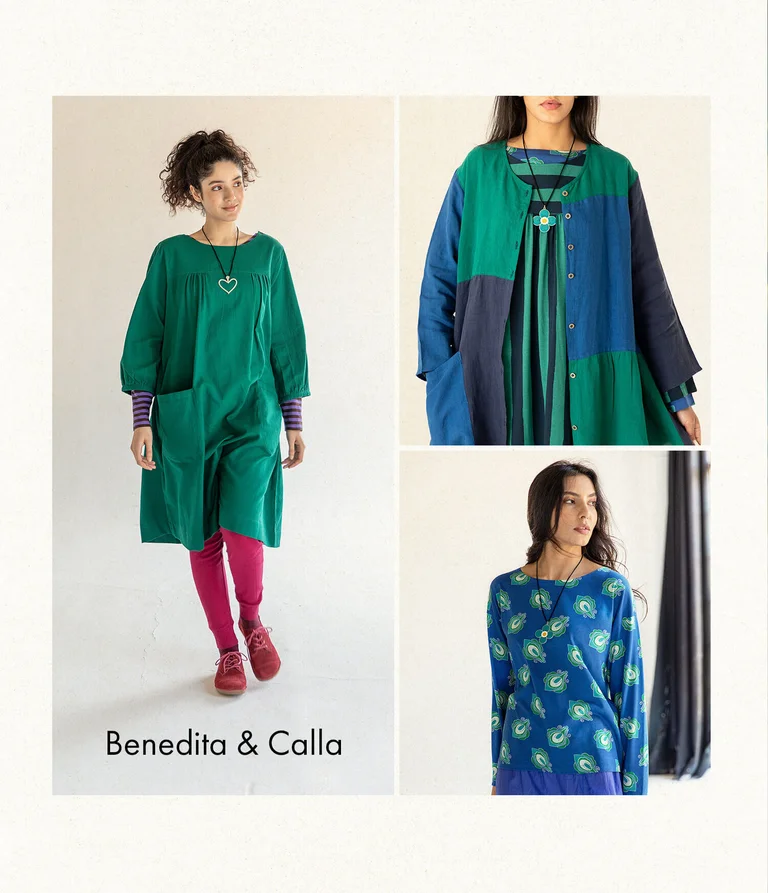 A collage of pictures of women wearing green and blue clothing from Gudrun Sjödén. 