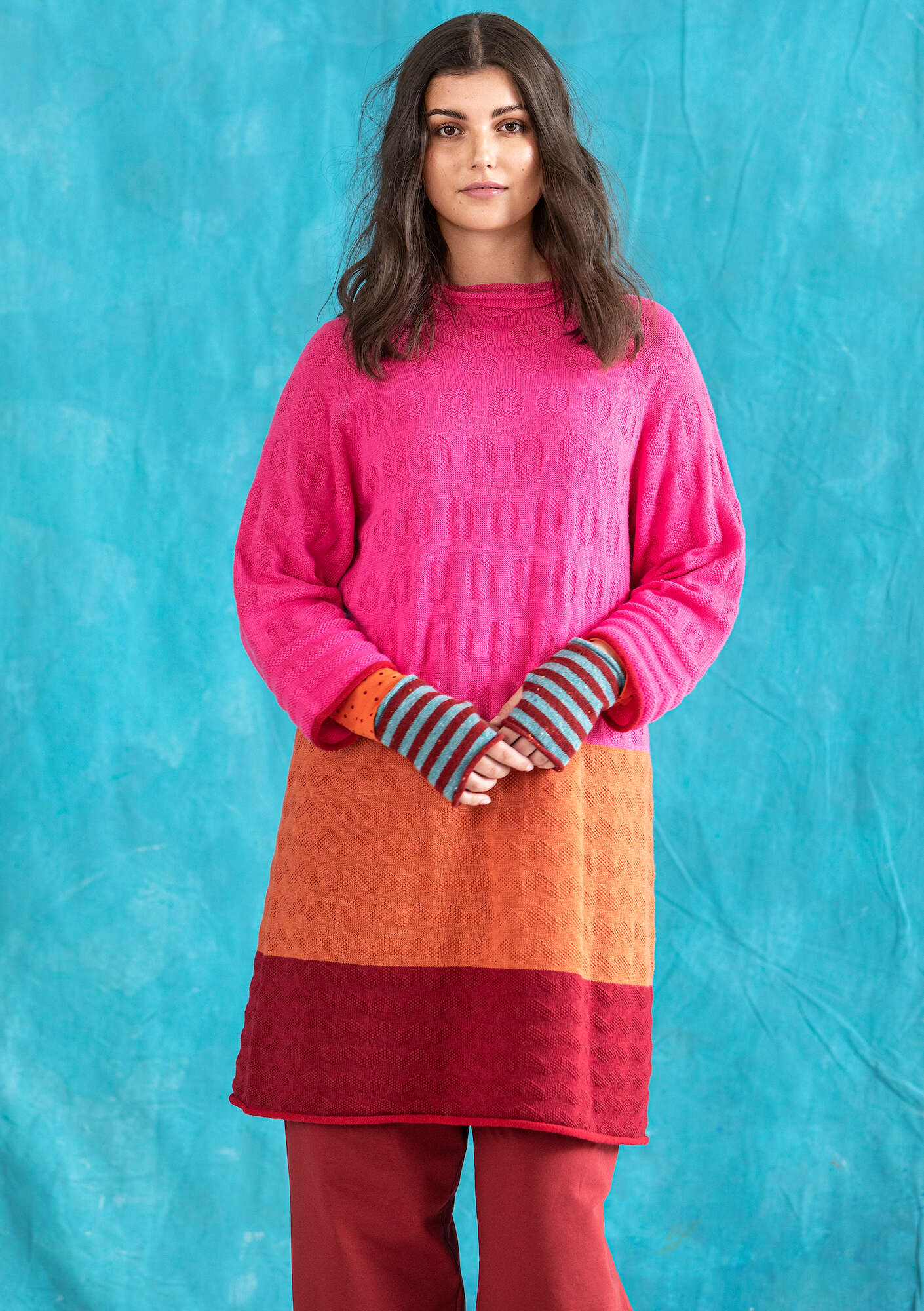 “Rainbow” organic cotton/wool knit tunic  dark peony thumbnail