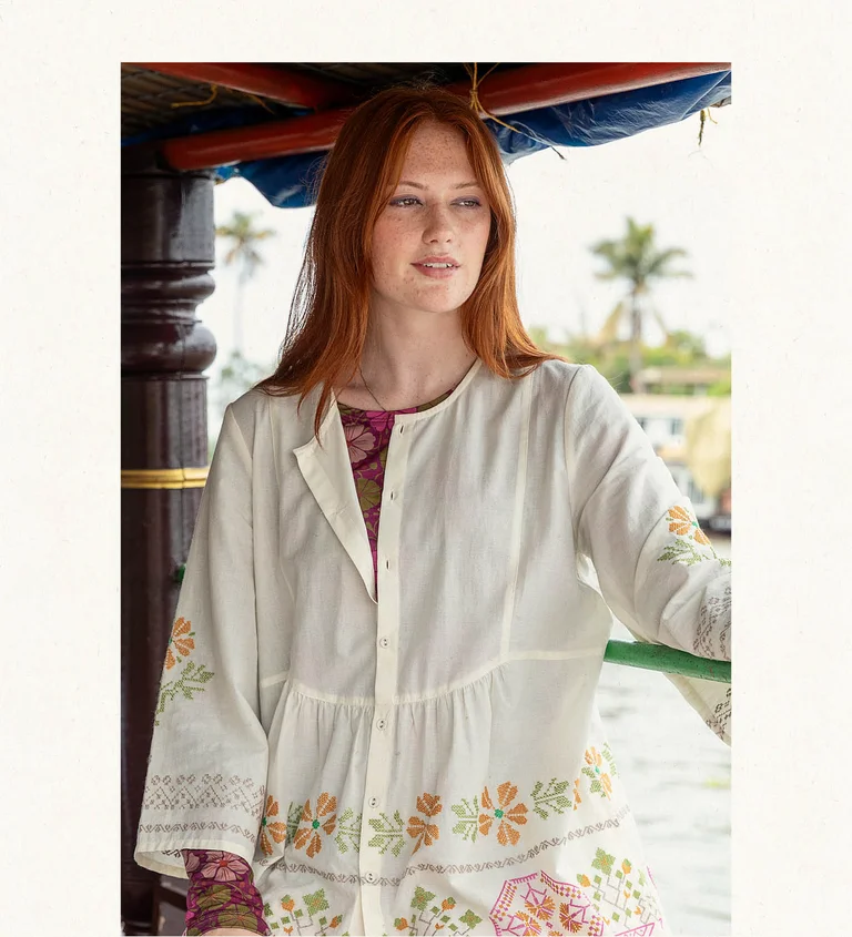 A collage of women wearing layers of blue clothing from Gudrun Sjödén.  