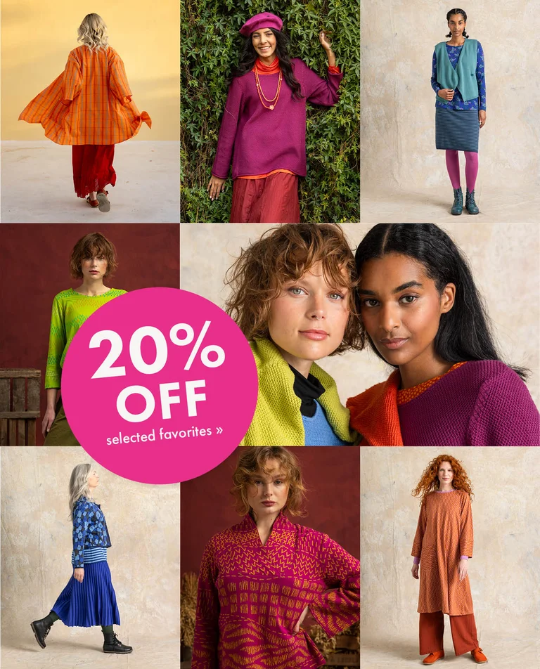 A collage of multiple images of women wearing colourful clothes from Gudrun Sjödén.