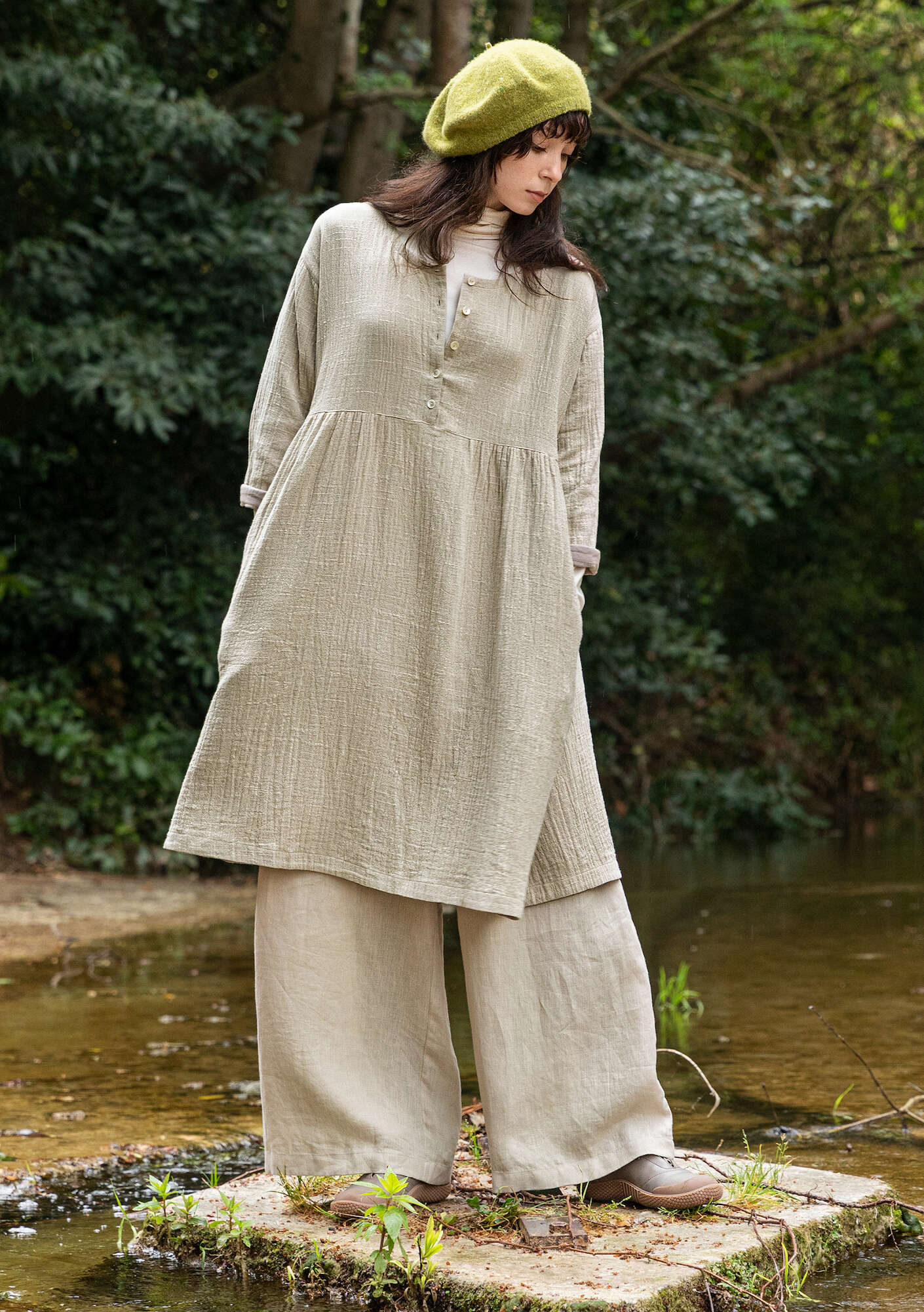 Woven dress in organic cotton almond milk thumbnail