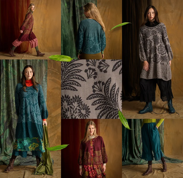 A collage of women wearing organic cotton clothes from Gudrun Sjödén. The collage includes a close-up of a fabric and standout green leaves.