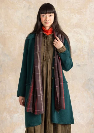 “Wilma” patterned and solid-colour long cardigan in lambswool - dark jade melange