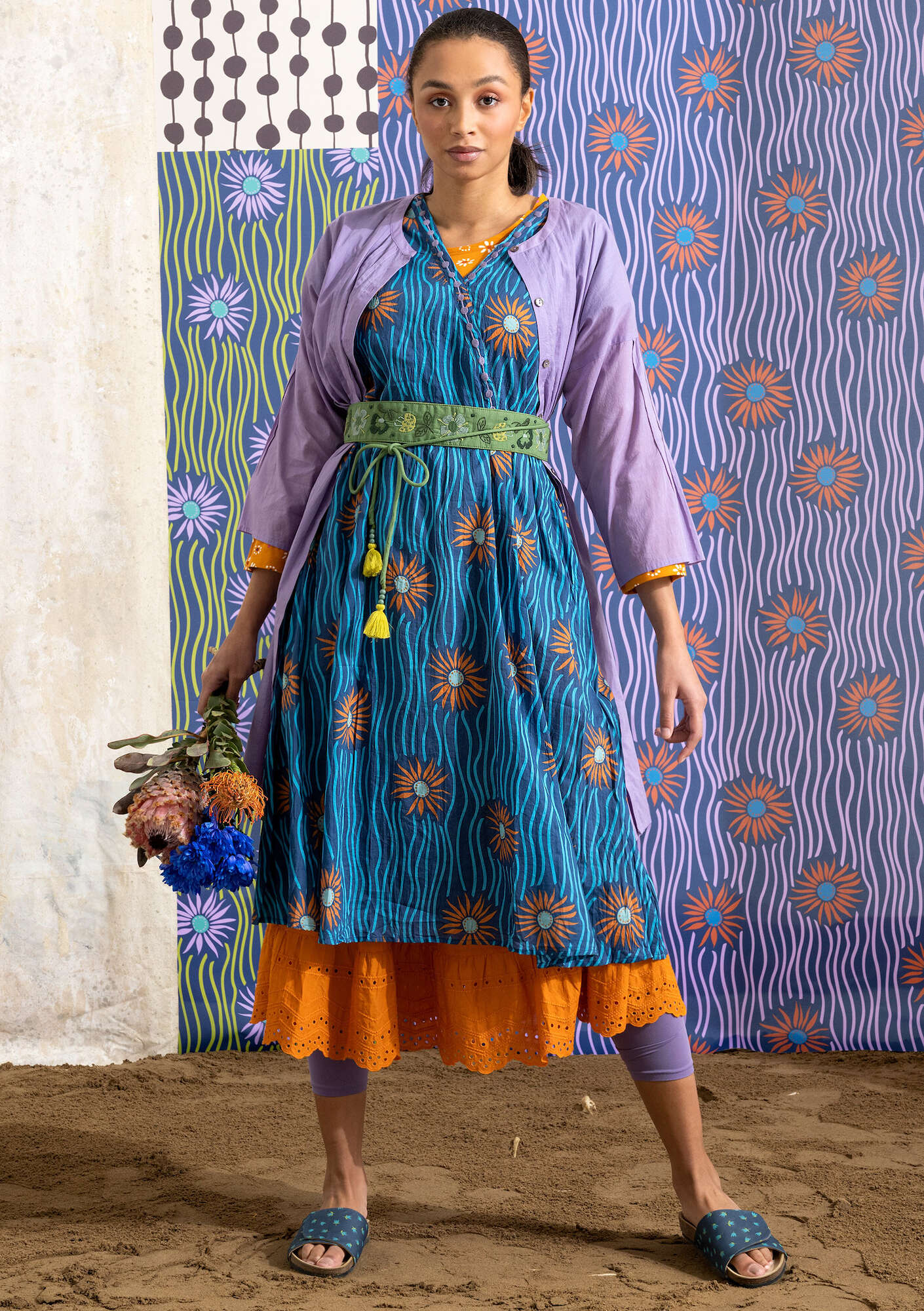 Woven “Makutsi” dress in organic cotton lagoon blue thumbnail