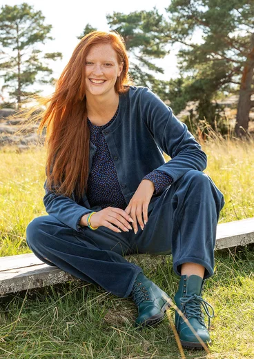 Solid-colour, velour trousers in organic cotton/recycled polyester - Pacific blue