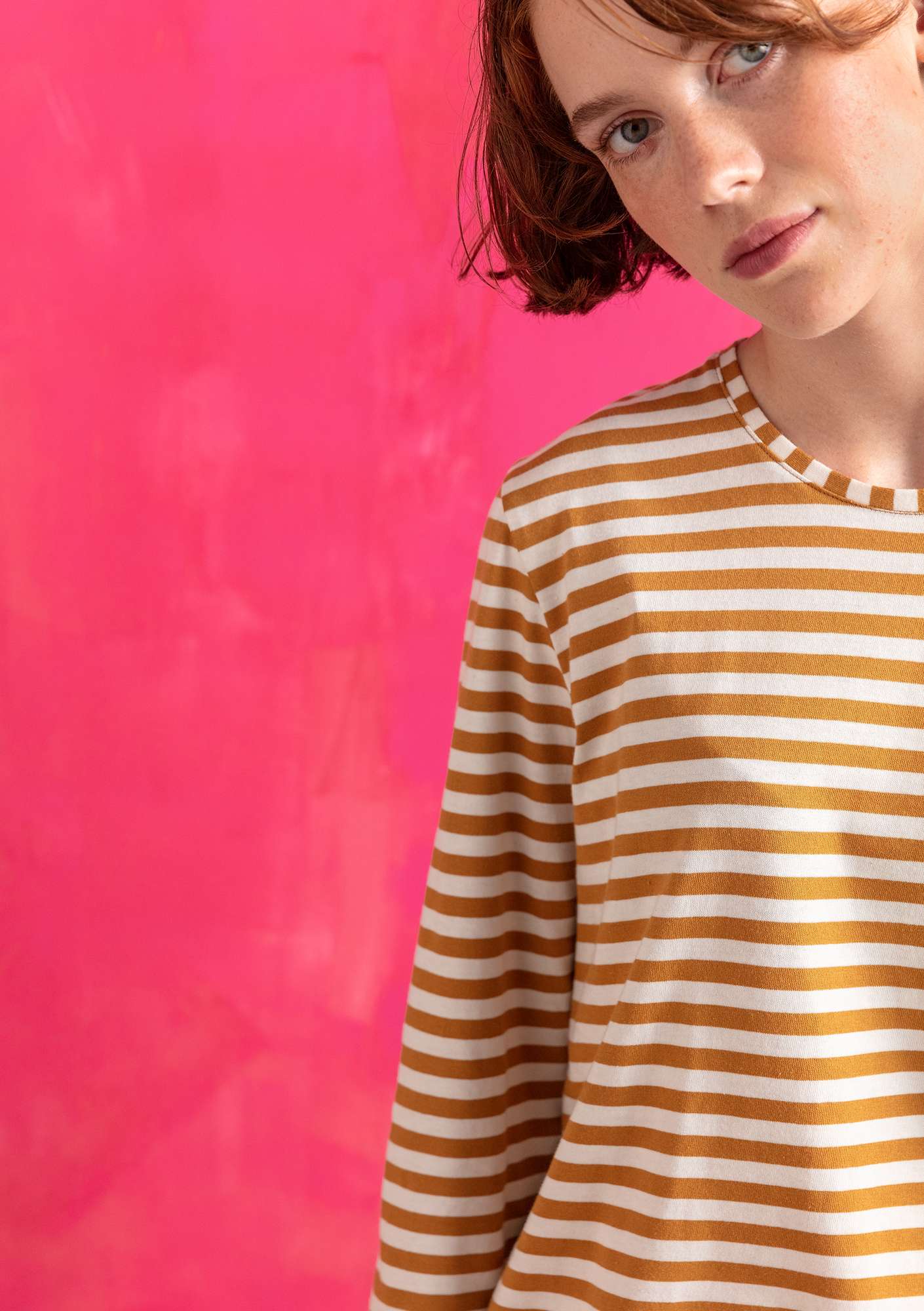 Organic cotton essential striped sweater mustard/ecru thumbnail