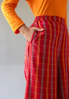 “Kerala” checked organic cotton trousers - parrot red