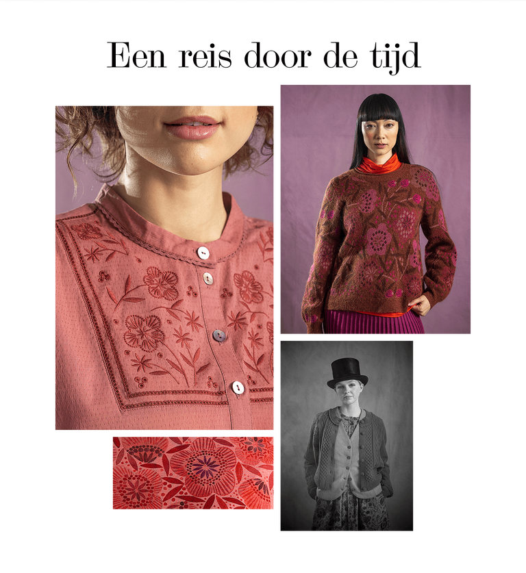 A collage of women wearing clothing from Gudrun Sjödén and a picture that looks like an old photo of a woman in a top hat. The collage also has a closeup of patterned red fabric.
