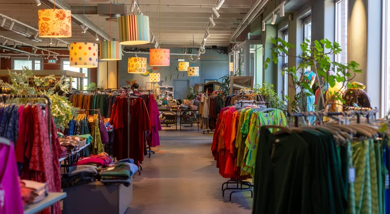 The inside of Gudrun Sjödén’s outlet shop in Årstaberg.
