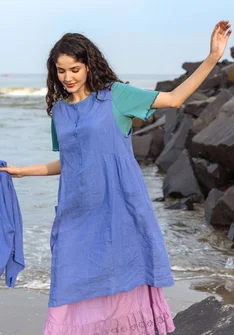 Sleeveless woven linen dress - blue lotus