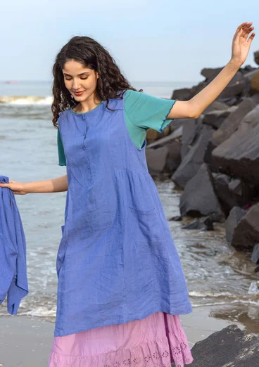 Sleeveless woven linen dress - blue lotus