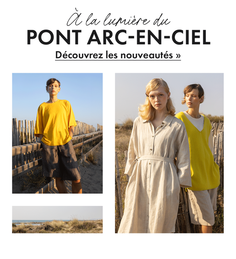 Un collage avec des femmes à proximité de la plage portant des vêtements unis signés Gudrun Sjödén. Le collage comprend également une photo de l'horizon sur la mer.