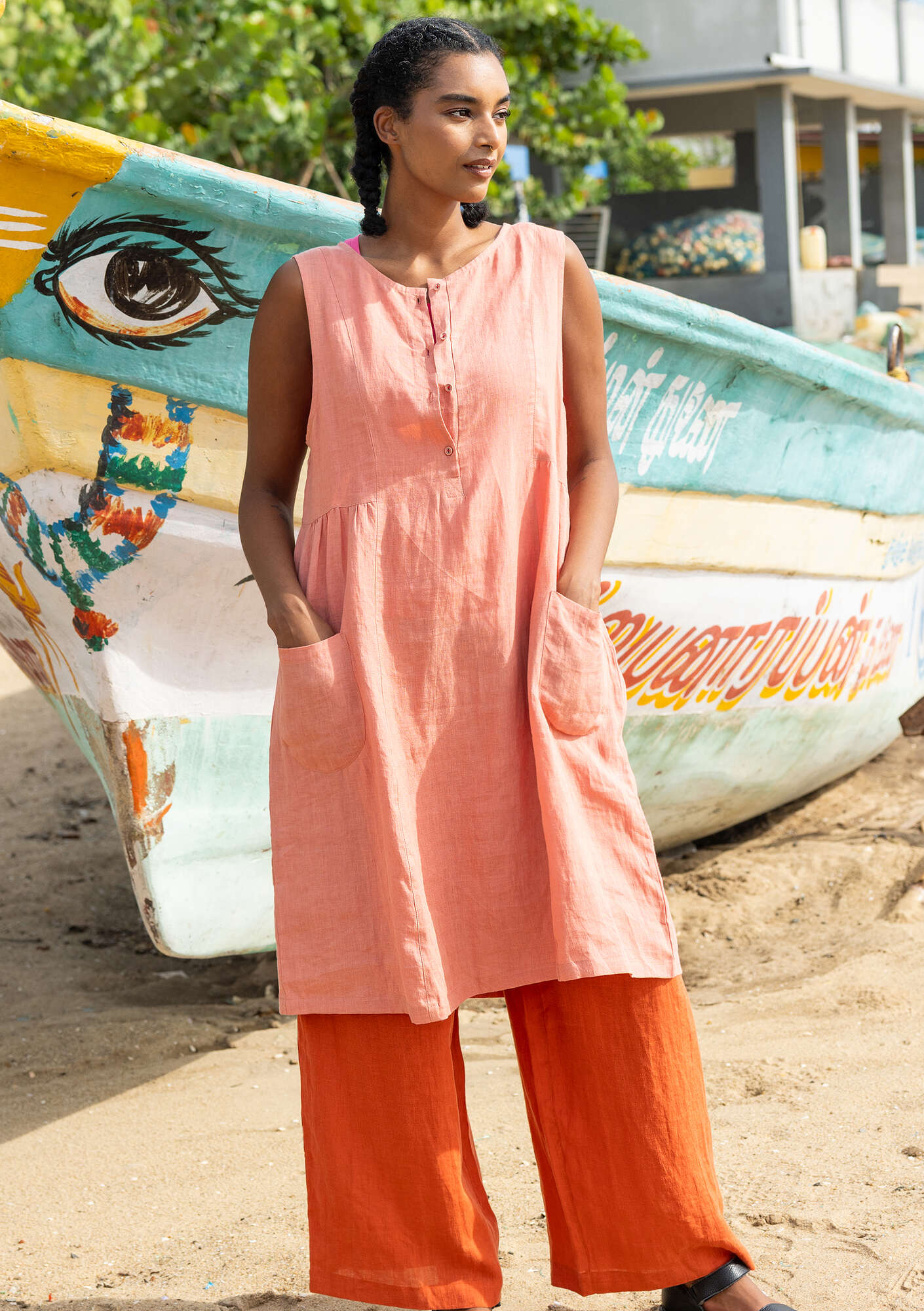 knee length dresses for ladies gudrun sjoden gray linen dress – Chrysalis main image 0