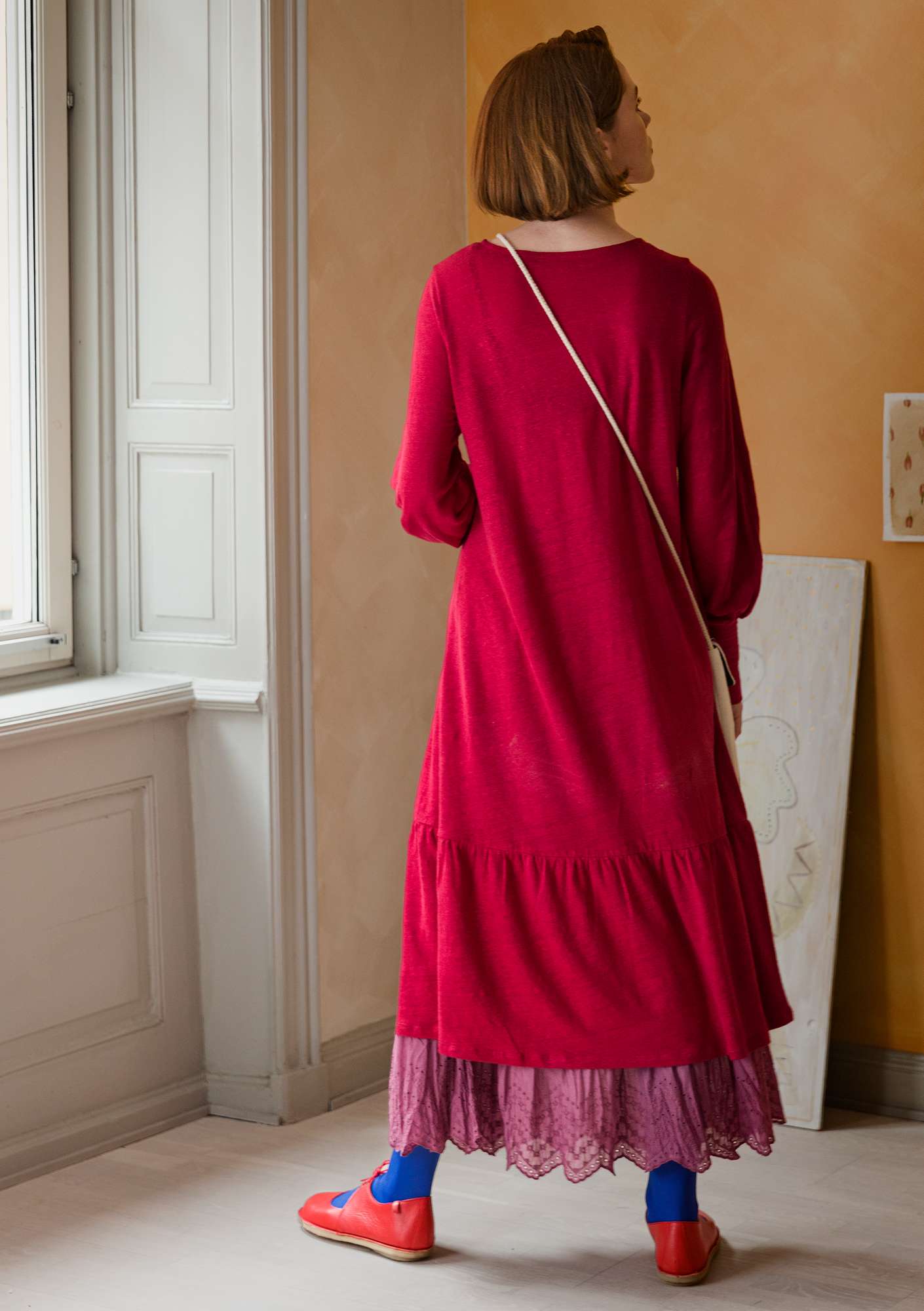 Jersey dress in linen cranberry thumbnail