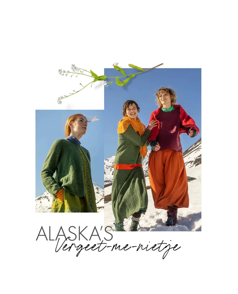 Een collage van vrouwen die buiten in de sneeuw kleurrijke kleding dragen uit de kerstcollectie 2025 van Gudrun Sjödén.