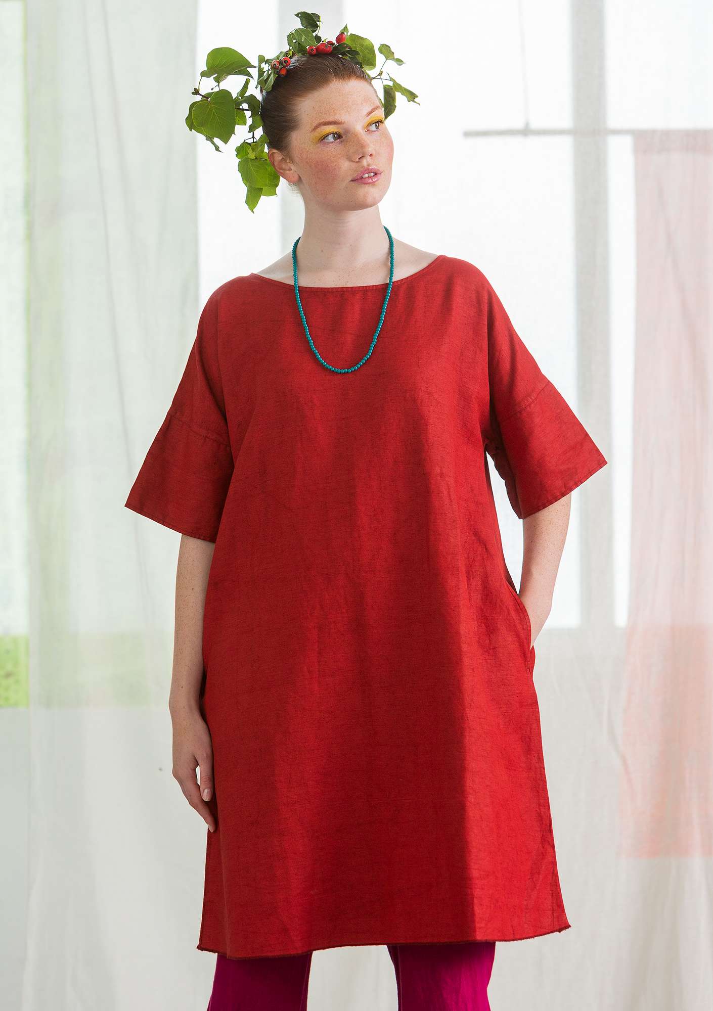 Geweven jurk  Twin  van linnen/biologisch katoen koper