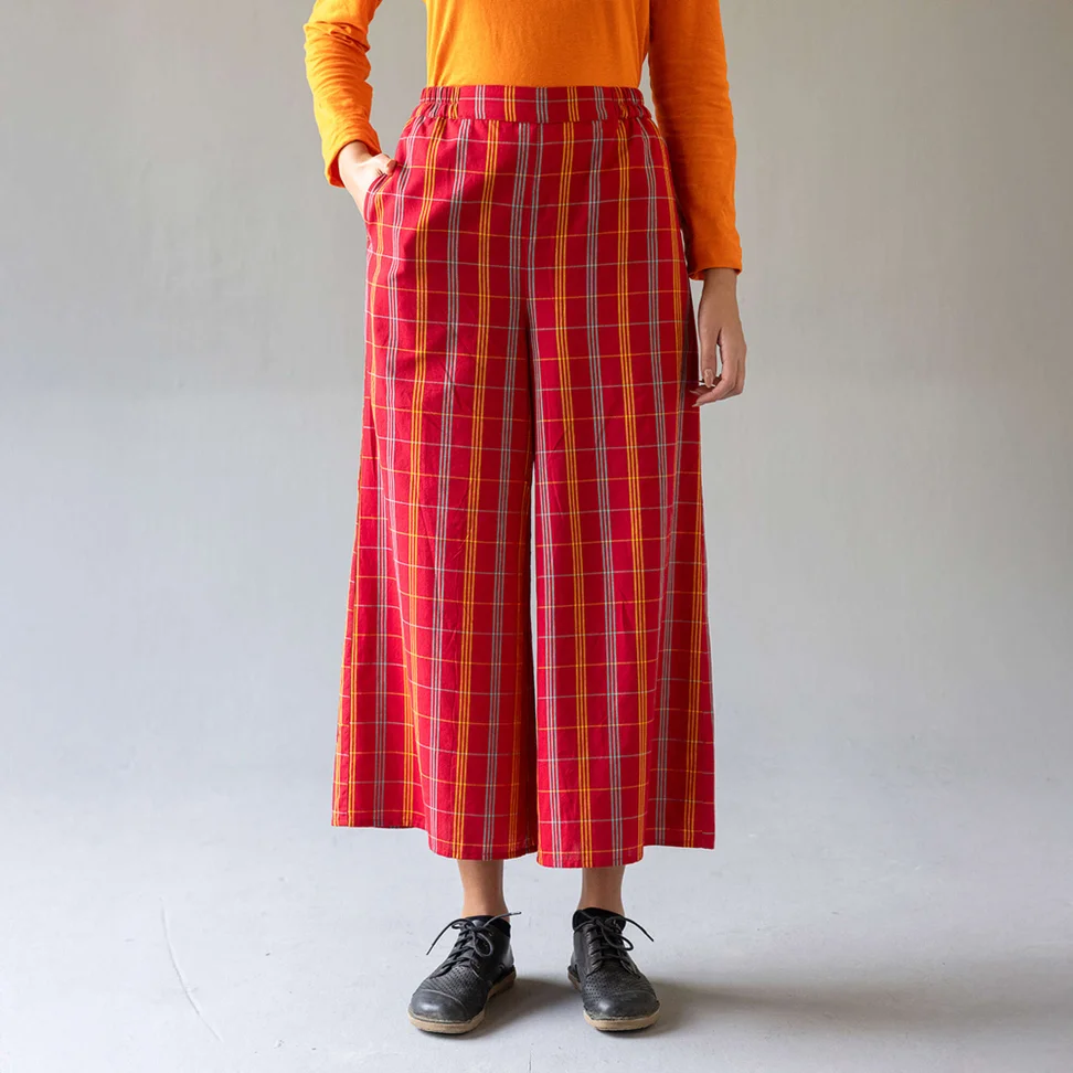 “Kerala” checked organic cotton trousers - parrot red