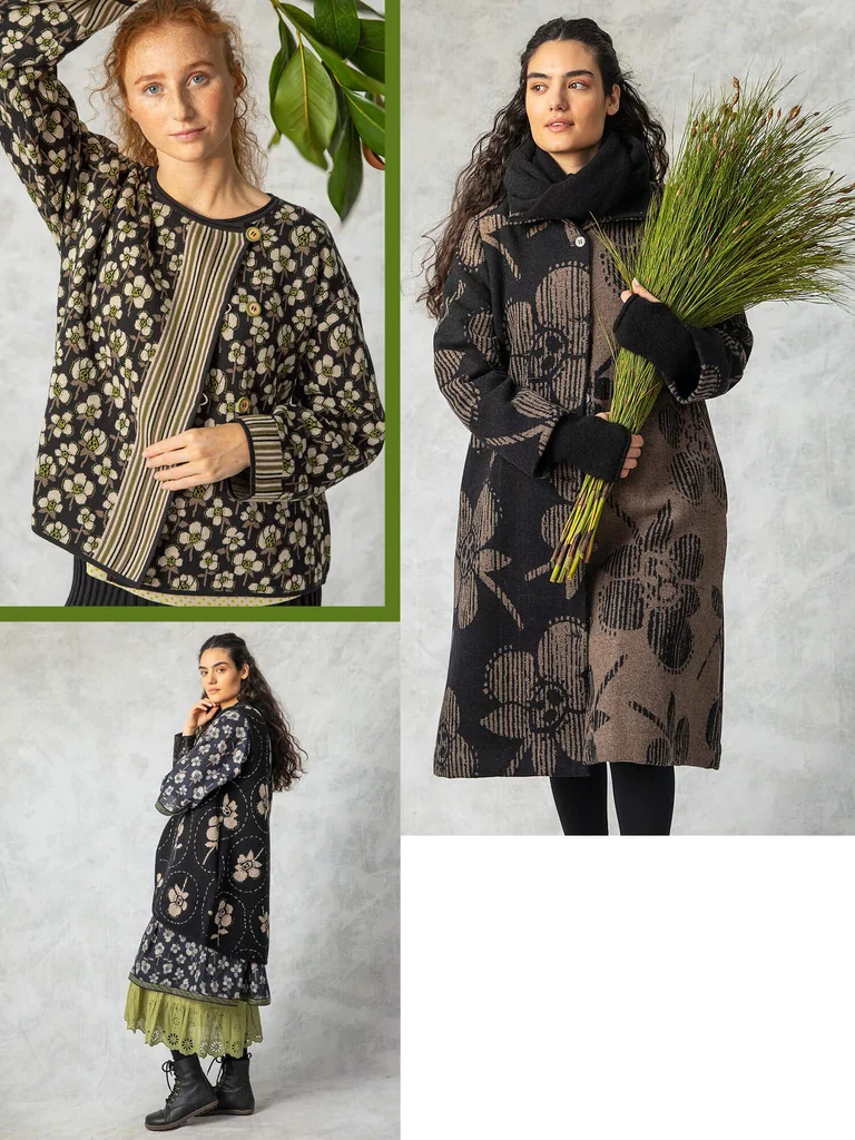A collage of women wearing patterned clothes from Gudrun Sjödén. 