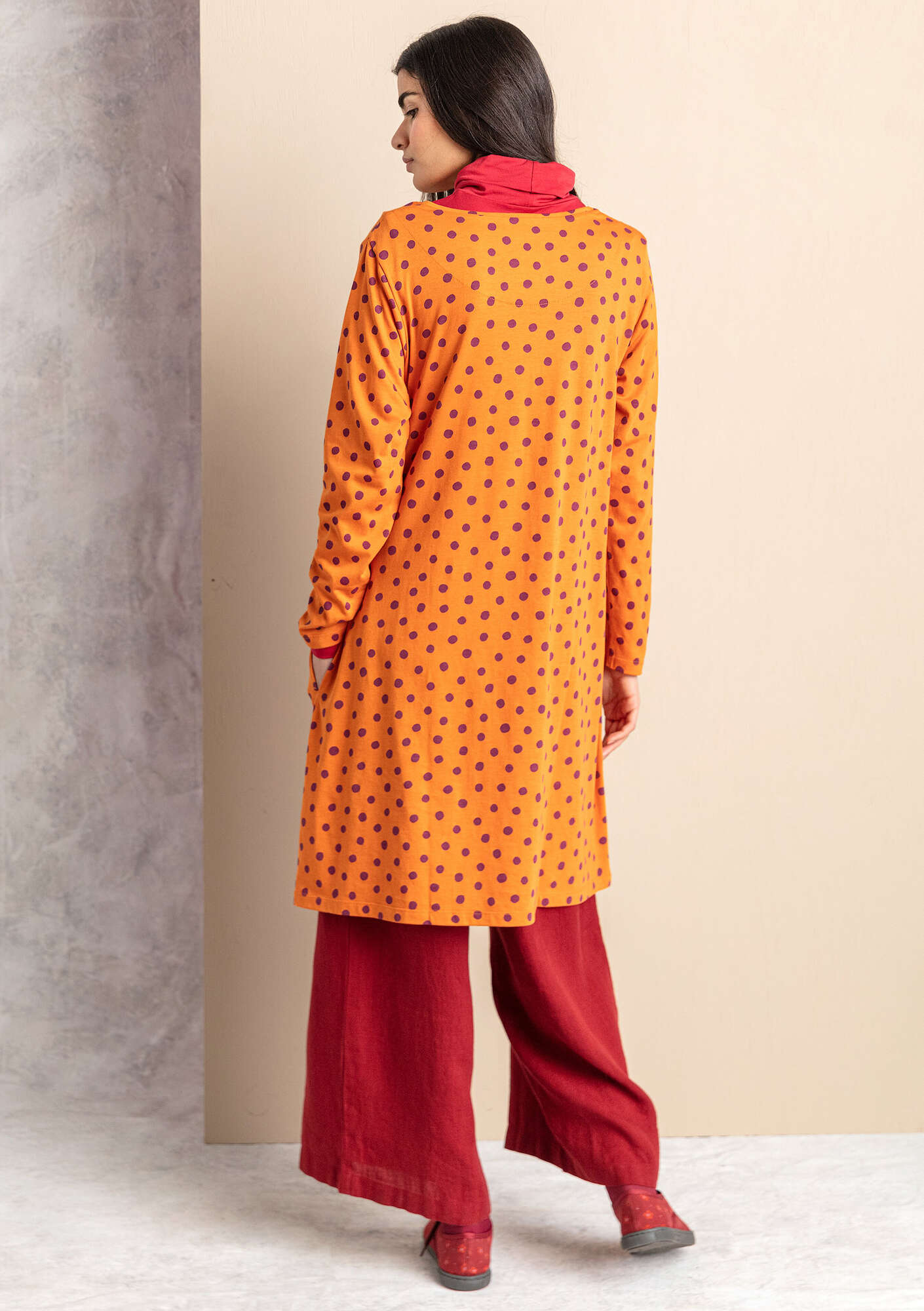 “Juliet” jersey tunic in organic cotton/modal burnt orange/patterned thumbnail
