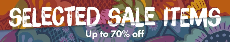 A graphic pattern in various colours with the words SELECTED SALE ITEMS up to 70% off in white.