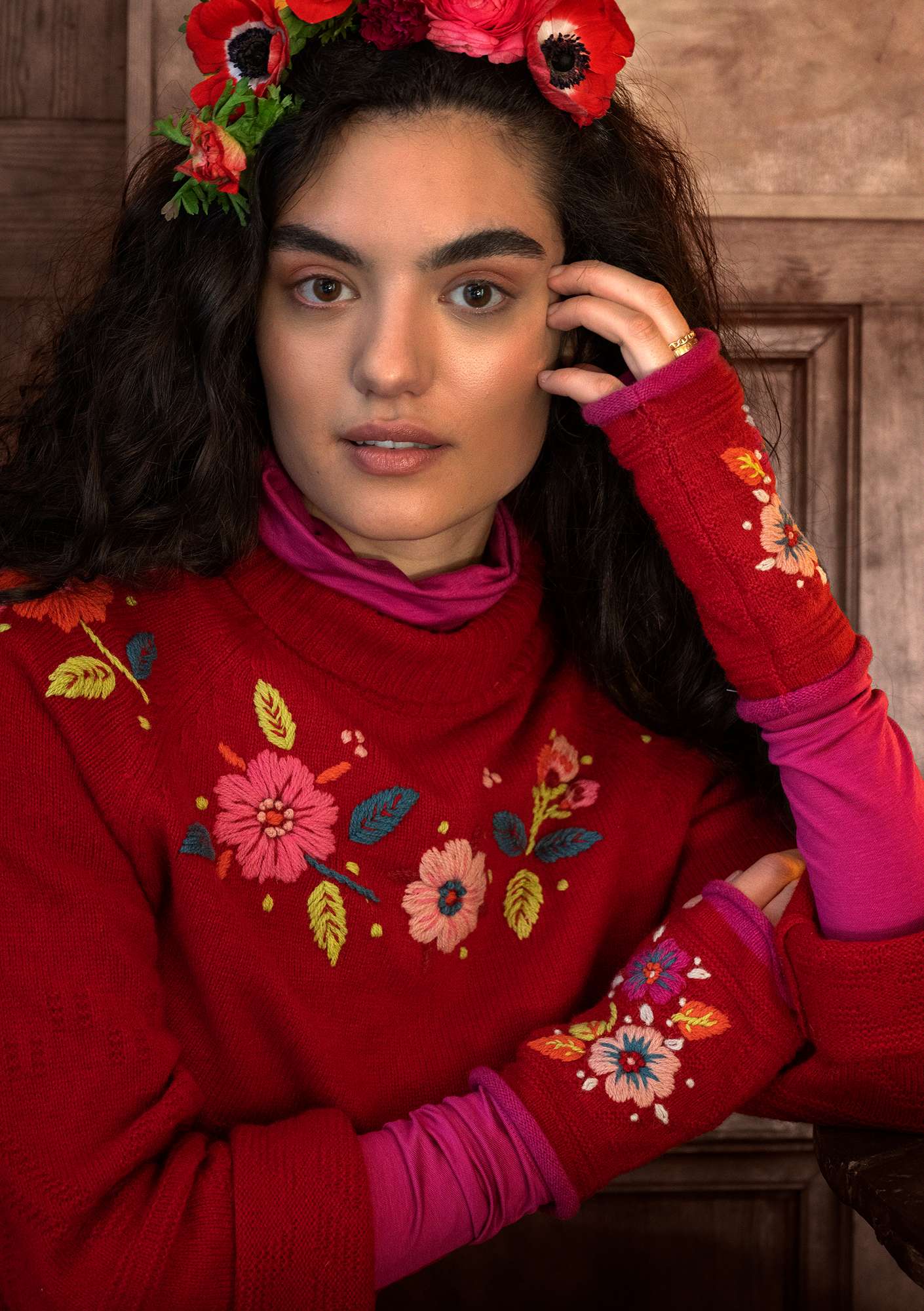 Hand-embroidered “Margrethe” wool sweater cranberry thumbnail