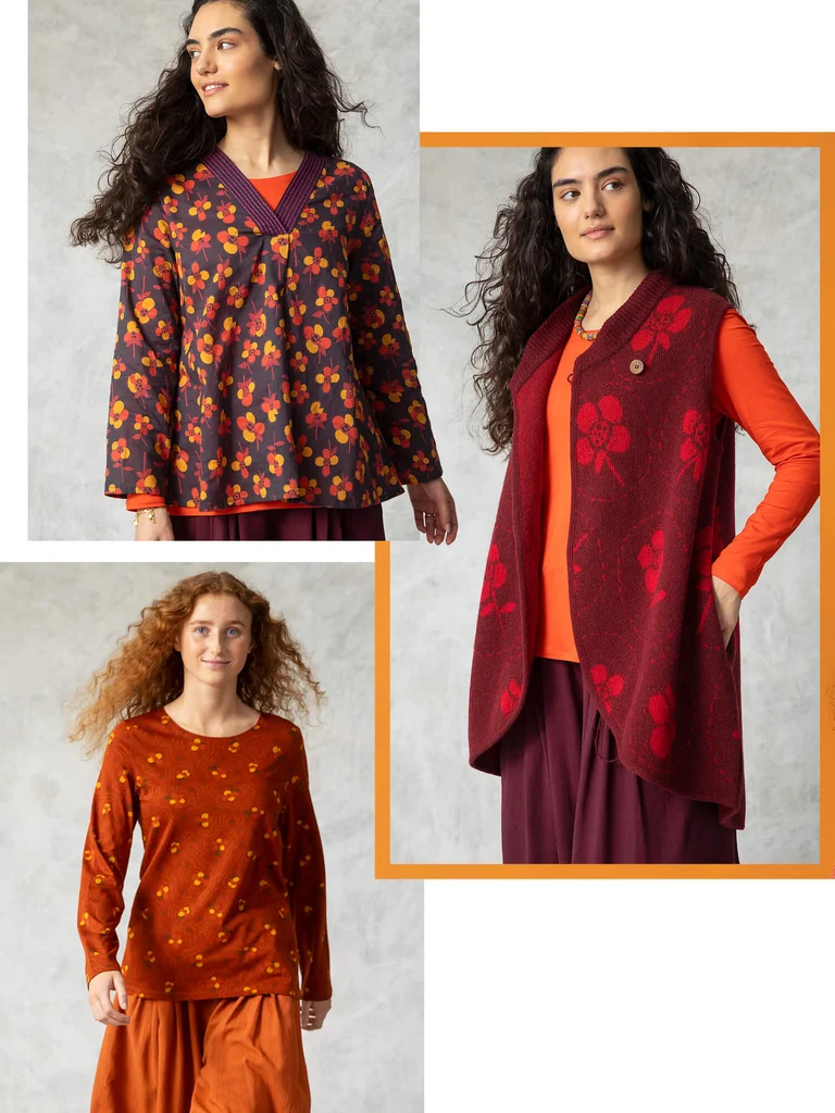 A collage of women wearing floral clothes from Gudrun Sjödén