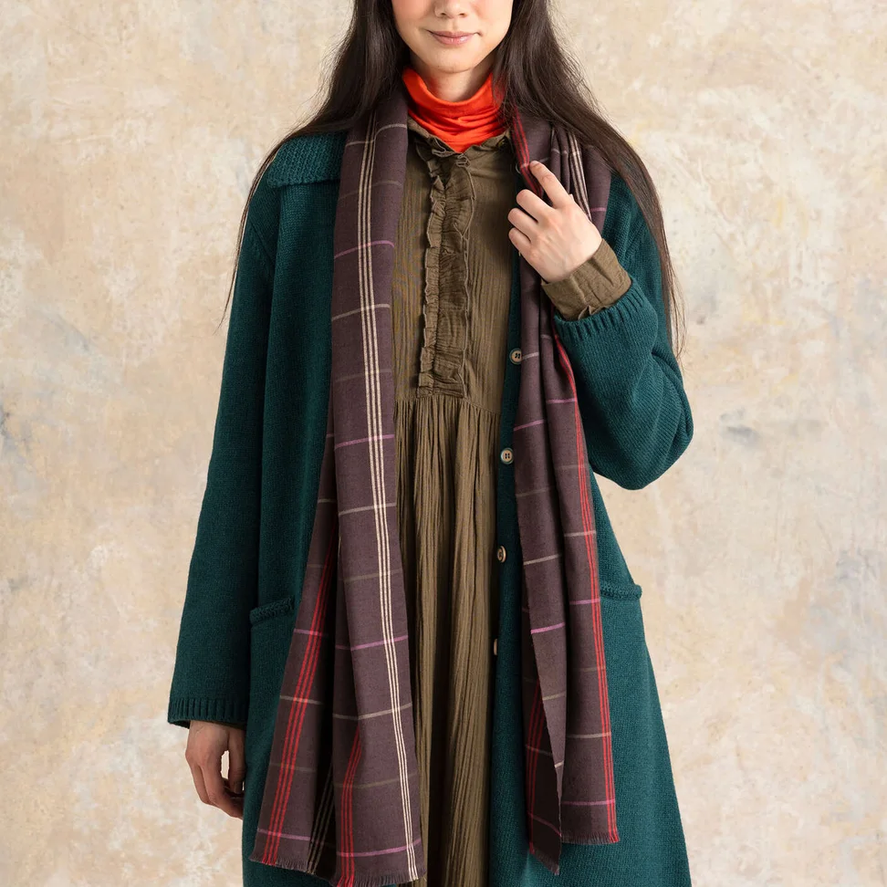 “Kari” checked woven shawl in cotton/wool - dark aubergine