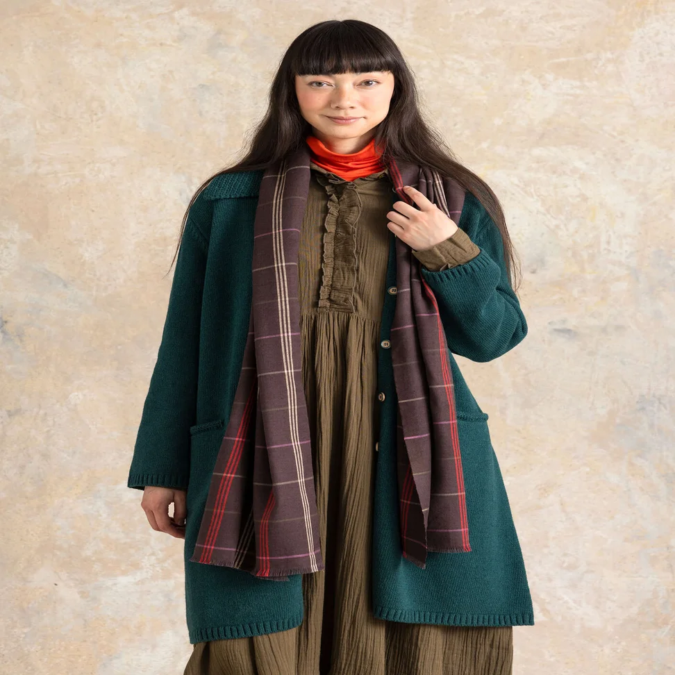 “Kari” checked woven shawl in cotton/wool - dark aubergine