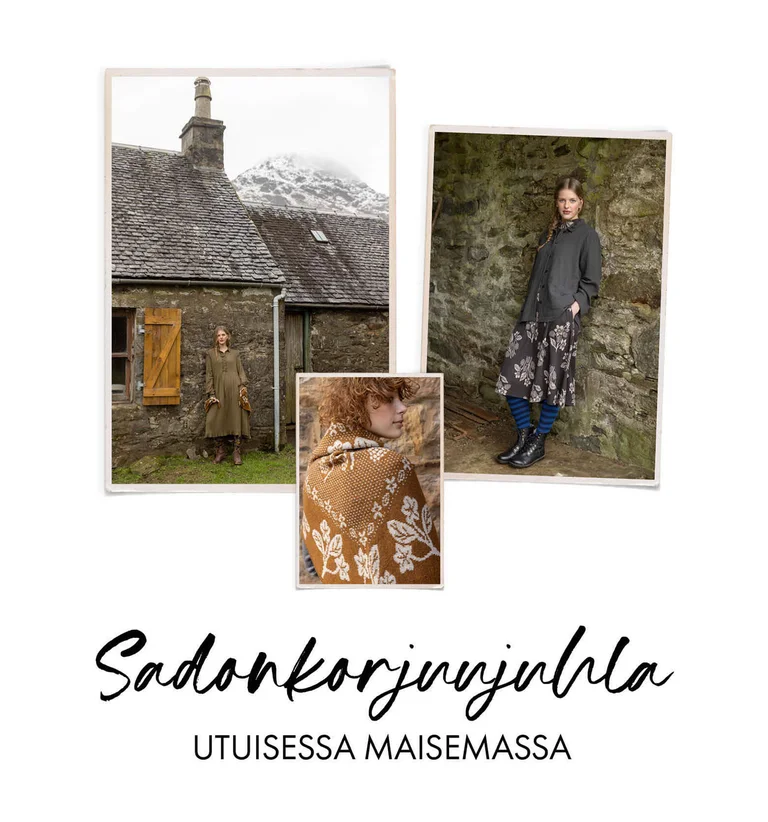 A collage with a woman standing by an old house wearing layers of clothing from Gudrun Sjödén, a woman standing by a stone wall wearing layers of clothing from Gudrun Sjödén and a closeup of a woman wearing a scarf from Gudrun Sjödén.