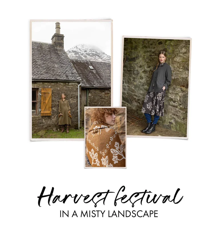 A collage with a woman standing by an old house wearing layers of clothing from Gudrun Sjödén, a woman standing by a stone wall wearing layers of clothing from Gudrun Sjödén and a closeup of a woman wearing a scarf from Gudrun Sjödén.