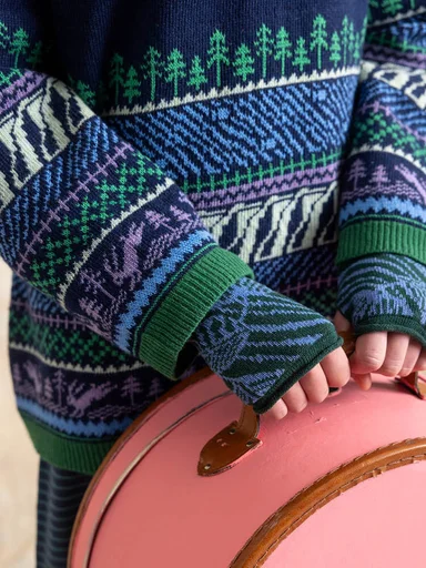 A closeup of a patterned knit sweater from Gudrun Sjödén.