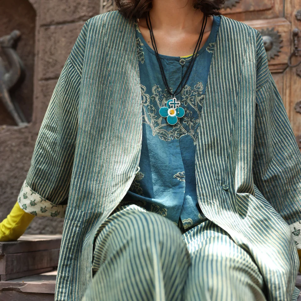 “Willow” woven organic cotton kimono - indigo green