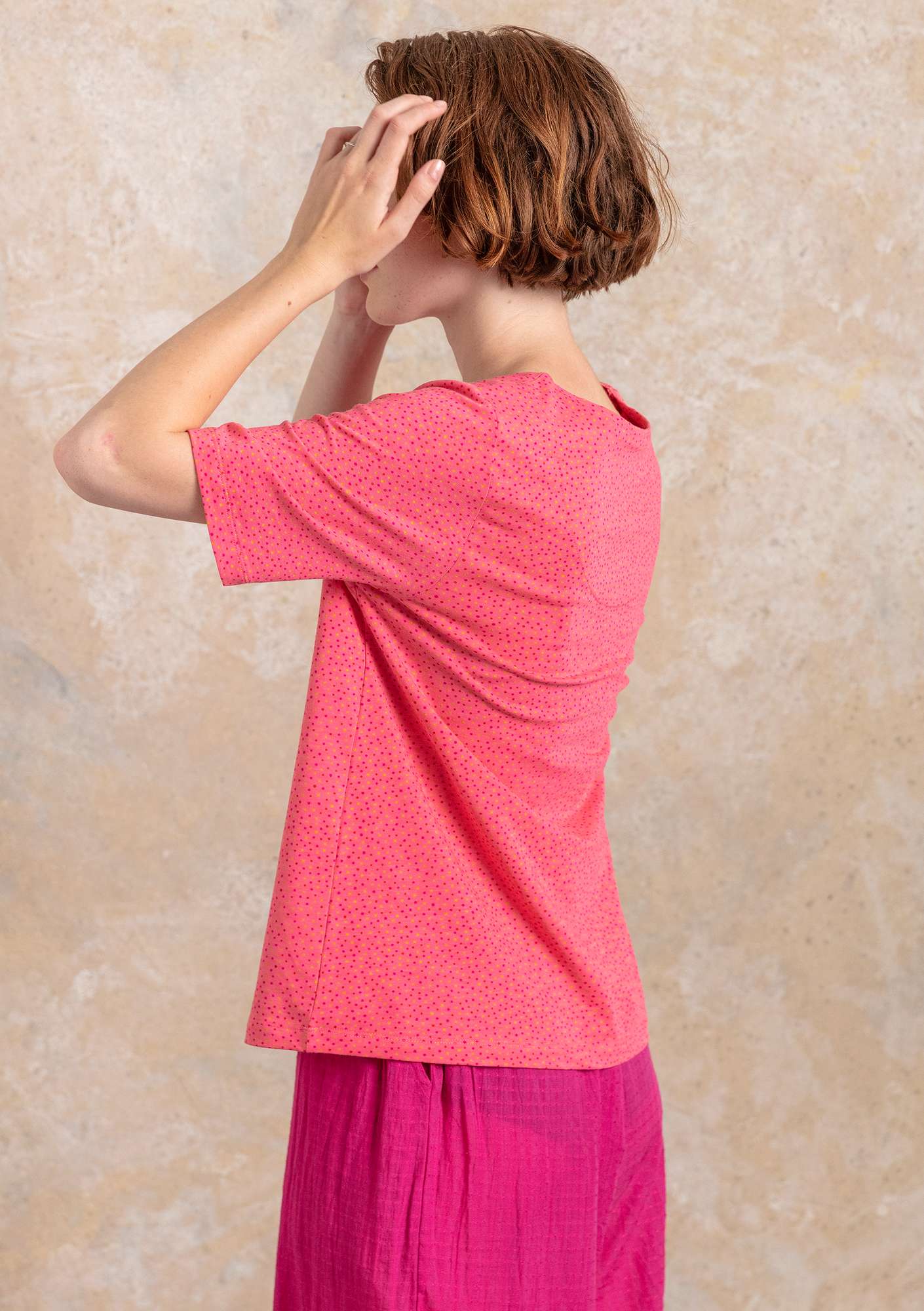 T-shirt  Iliana  i økologisk bomuld/elastan flamingo/mønstret thumbnail