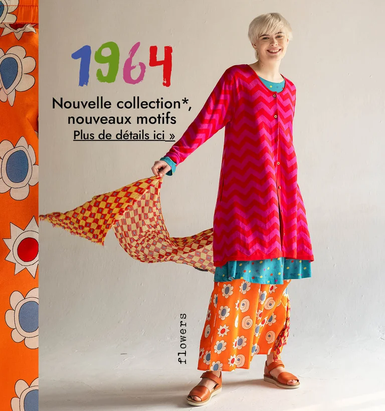 A collage of women wearing colourful patterned clothes from Gudrun Sjödén’s “1964” capsule collection.